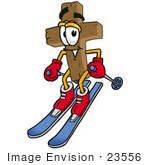 #23556 Clip Art Graphic Of A Wooden Cross Cartoon Character Skiing Downhill