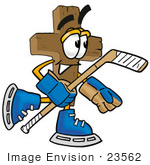 #23562 Clip Art Graphic Of A Wooden Cross Cartoon Character Playing Ice Hockey