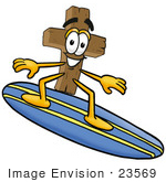 #23569 Clip Art Graphic Of A Wooden Cross Cartoon Character Surfing On A Blue And Yellow Surfboard