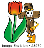 #23570 Clip Art Graphic Of A Wooden Cross Cartoon Character With A Red Tulip Flower In The Spring