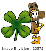 #23572 Clip Art Graphic Of A Wooden Cross Cartoon Character With A Green Four Leaf Clover On St Paddy’S Or St Patricks Day