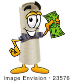 #23576 Clip Art Graphic Of A Rolled Diploma Certificate Cartoon Character Holding A Dollar Bill