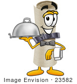 #23582 Clip Art Graphic Of A Rolled Diploma Certificate Cartoon Character Dressed As A Waiter And Holding A Serving Platter