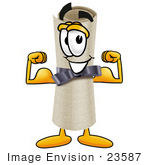 #23587 Clip Art Graphic Of A Rolled Diploma Certificate Cartoon Character Flexing His Arm Muscles