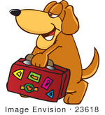 #23618 Clip Art Graphic Of A Cute Brown Hound Dog Cartoon Character Carrying A Suitcase