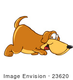 #23620 Clip Art Graphic Of A Cute Brown Hound Dog Cartoon Character Sniffing The Ground And Looking Back