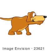 #23621 Clip Art Graphic Of A Cute Brown Hound Dog Cartoon Character Holding His Tail Strait And Pointing Forward With His Nose And Paw