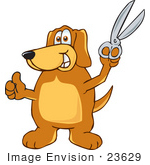 #23629 Clip Art Graphic Of A Cute Brown Hound Dog Cartoon Character Holding A Pair Of Scissors Up