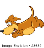 #23635 Clip Art Graphic Of A Cute Brown Hound Dog Cartoon Character Pouncing