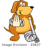 #23637 Clip Art Graphic Of A Cute Brown Hound Dog Cartoon Character With One Leg In A Cast One In A Sling And Using A Crutch