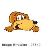 #23642 Clip Art Graphic Of A Cute Brown Hound Dog Cartoon Character Peeking Over A Surface