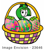#23646 Clip Art Graphic Of A Green Usd Dollar Sign Cartoon Character In An Easter Basket Full Of Decorated Easter Eggs