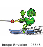 #23648 Clip Art Graphic Of A Green Usd Dollar Sign Cartoon Character Waving While Water Skiing
