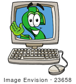 #23658 Clip Art Graphic Of A Green Usd Dollar Sign Cartoon Character Waving From Inside A Computer Screen