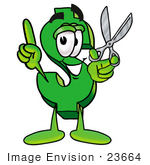 #23664 Clip Art Graphic Of A Green Usd Dollar Sign Cartoon Character Holding A Pair Of Scissors