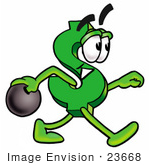 #23668 Clip Art Graphic Of A Green Usd Dollar Sign Cartoon Character Holding A Bowling Ball