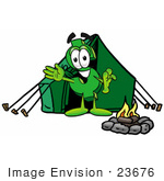 #23676 Clip Art Graphic Of A Green Usd Dollar Sign Cartoon Character Camping With A Tent And Fire