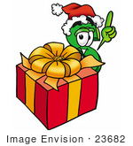 #23682 Clip Art Graphic Of A Green Usd Dollar Sign Cartoon Character Standing By A Christmas Present