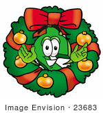 #23683 Clip Art Graphic Of A Green Usd Dollar Sign Cartoon Character In The Center Of A Christmas Wreath