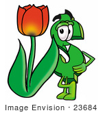 #23684 Clip Art Graphic Of A Green Usd Dollar Sign Cartoon Character With A Red Tulip Flower In The Spring