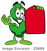 #23689 Clip Art Graphic Of A Green Usd Dollar Sign Cartoon Character Holding A Red Sales Price Tag