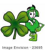 #23695 Clip Art Graphic Of A Green Usd Dollar Sign Cartoon Character With A Green Four Leaf Clover On St Paddy’S Or St Patricks Day