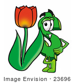 #23696 Clip Art Graphic Of A Green Usd Dollar Sign Cartoon Character With A Red Tulip Flower In The Spring