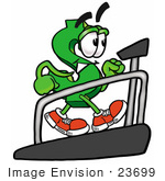 #23699 Clip Art Graphic Of A Green Usd Dollar Sign Cartoon Character Walking On A Treadmill In A Fitness Gym