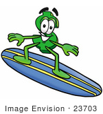 #23703 Clip Art Graphic Of A Green Usd Dollar Sign Cartoon Character Surfing On A Blue And Yellow Surfboard