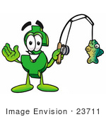 #23711 Clip Art Graphic Of A Green Usd Dollar Sign Cartoon Character Holding A Fish On A Fishing Pole