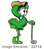 #23718 Clip Art Graphic Of A Green Usd Dollar Sign Cartoon Character Leaning On A Golf Club While Golfing