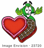 #23720 Clip Art Graphic Of A Green Usd Dollar Sign Cartoon Character With An Open Box Of Valentines Day Chocolate Candies