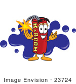 #23724 Clip Art Graphic Of A Stick Of Red Dynamite Cartoon Character Logo With Blue Paint Splatters