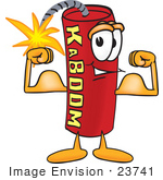 #23741 Clip Art Graphic Of A Stick Of Red Dynamite Cartoon Character Flexing His Arm Muscles
