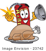 #23742 Clip Art Graphic Of A Stick Of Red Dynamite Cartoon Character Serving A Thanksgiving Turkey On A Platter