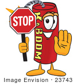 #23743 Clip Art Graphic Of A Stick Of Red Dynamite Cartoon Character Holding A Stop Sign