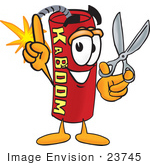 #23745 Clip Art Graphic Of A Stick Of Red Dynamite Cartoon Character Holding A Pair Of Scissors