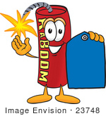 #23748 Clip Art Graphic Of A Stick Of Red Dynamite Cartoon Character Holding A Blue Sales Price Tag