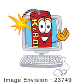 #23749 Clip Art Graphic Of A Stick Of Red Dynamite Cartoon Character Waving From Inside A Computer Screen