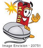 #23751 Clip Art Graphic Of A Stick Of Red Dynamite Cartoon Character With A Computer Mouse