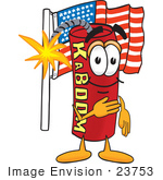 #23753 Clip Art Graphic Of A Stick Of Red Dynamite Cartoon Character Pledging Allegiance To An American Flag