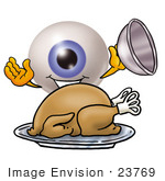 #23769 Clip Art Graphic Of A Blue Eyeball Cartoon Character Serving A Thanksgiving Turkey On A Platter