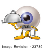 #23789 Clip Art Graphic Of A Blue Eyeball Cartoon Character Dressed As A Waiter And Holding A Serving Platter