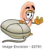 #23791 Clip Art Graphic Of A Human Ear Cartoon Character With A Computer Mouse