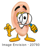 #23793 Clip Art Graphic Of A Human Ear Cartoon Character Looking Through A Magnifying Glass