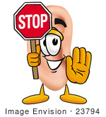 #23794 Clip Art Graphic Of A Human Ear Cartoon Character Holding A Stop Sign