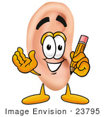 #23795 Clip Art Graphic Of A Human Ear Cartoon Character Holding A Pencil