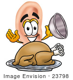 #23798 Clip Art Graphic Of A Human Ear Cartoon Character Serving A Thanksgiving Turkey On A Platter