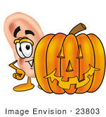 #23803 Clip Art Graphic Of A Human Ear Cartoon Character With A Carved Halloween Pumpkin