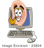 #23804 Clip Art Graphic Of A Human Ear Cartoon Character Waving From Inside A Computer Screen